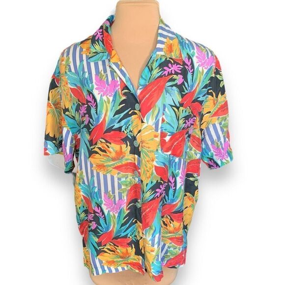 Vintage New Concepts Shirt Tropical Palm Striped Oversized Blue White Silk Large - Picture 1 of 9